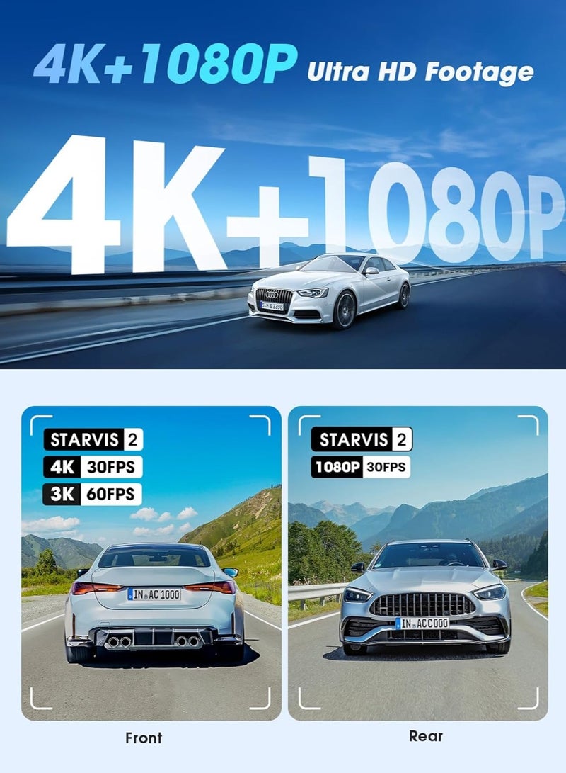 دي دي باي كاميرا DDPAI Z60 Pro بدقة 4K أمامية وخلفية، مزودة بعدستي STARVIS 2 IMX678 وIMX662، كاميرا سيارة بدقة 4K+1080P مع تقنية HDR وذاكرة eMMC مدمجة سعة 32 جيجابايت، تدعم التسجيل بدقة 3K/60 إطارًا في الثانية، واتصال 4G LTE، وواي فاي 5 جيجاهرتز وGPS، شاشة IPS مقاس 3 بوصة، رؤية ليلية، ووضع ركن لمدة 24 ساعة. - Image 3